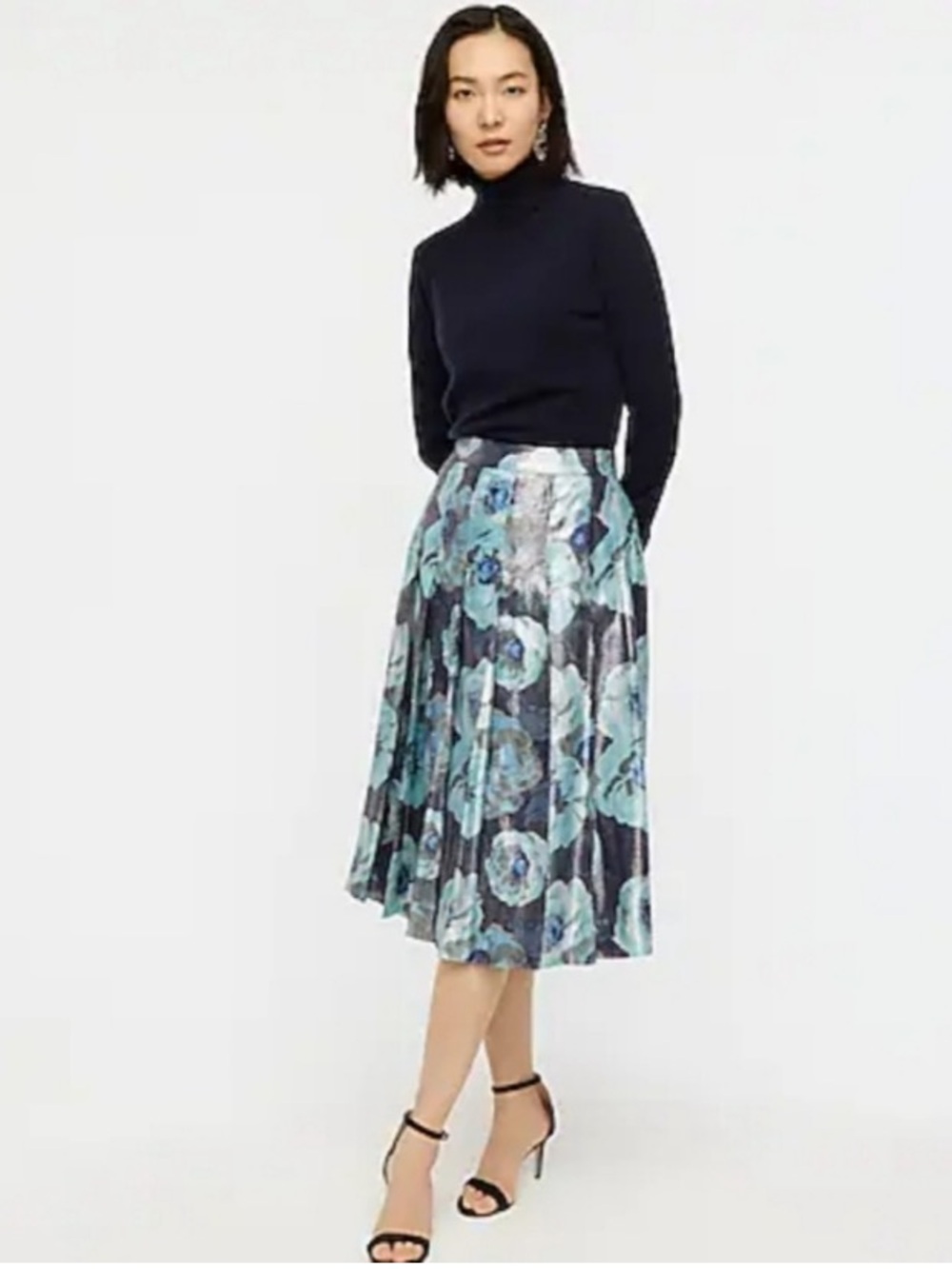 J. Crew Blue Floral Metallic Pleated Midi Skirt - Picture 1 of 4